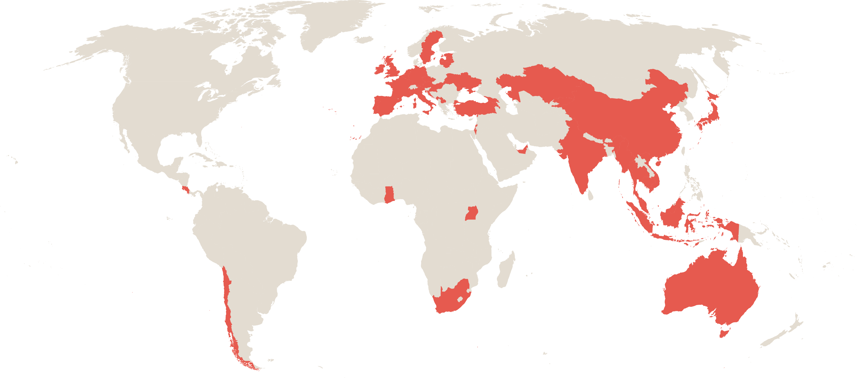 Map of the 50 countries around the world where Iacocca interns have lived and worked