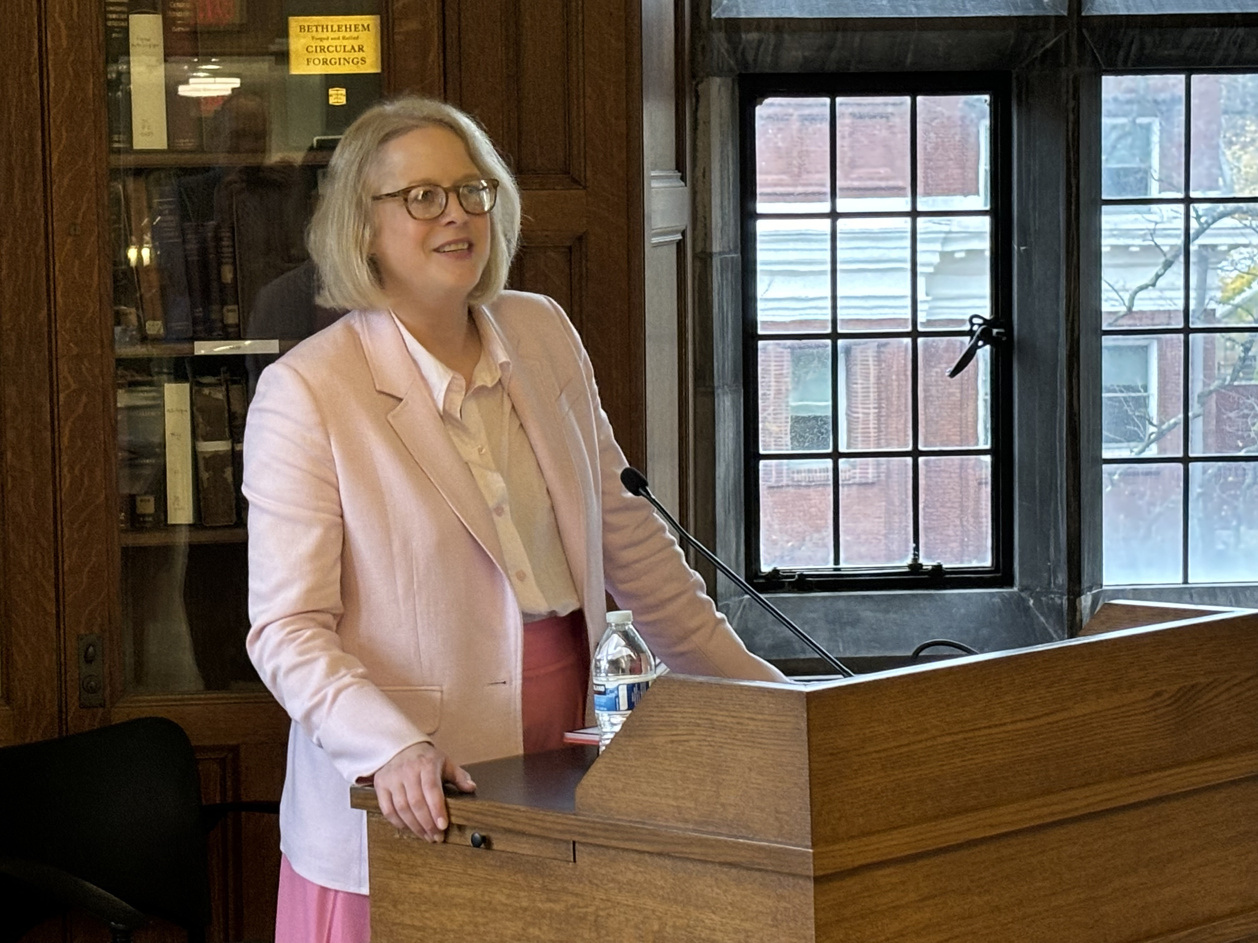 Karin Fischer delivering the International Education Week keynote remarks at Lehigh University's Linderman Library