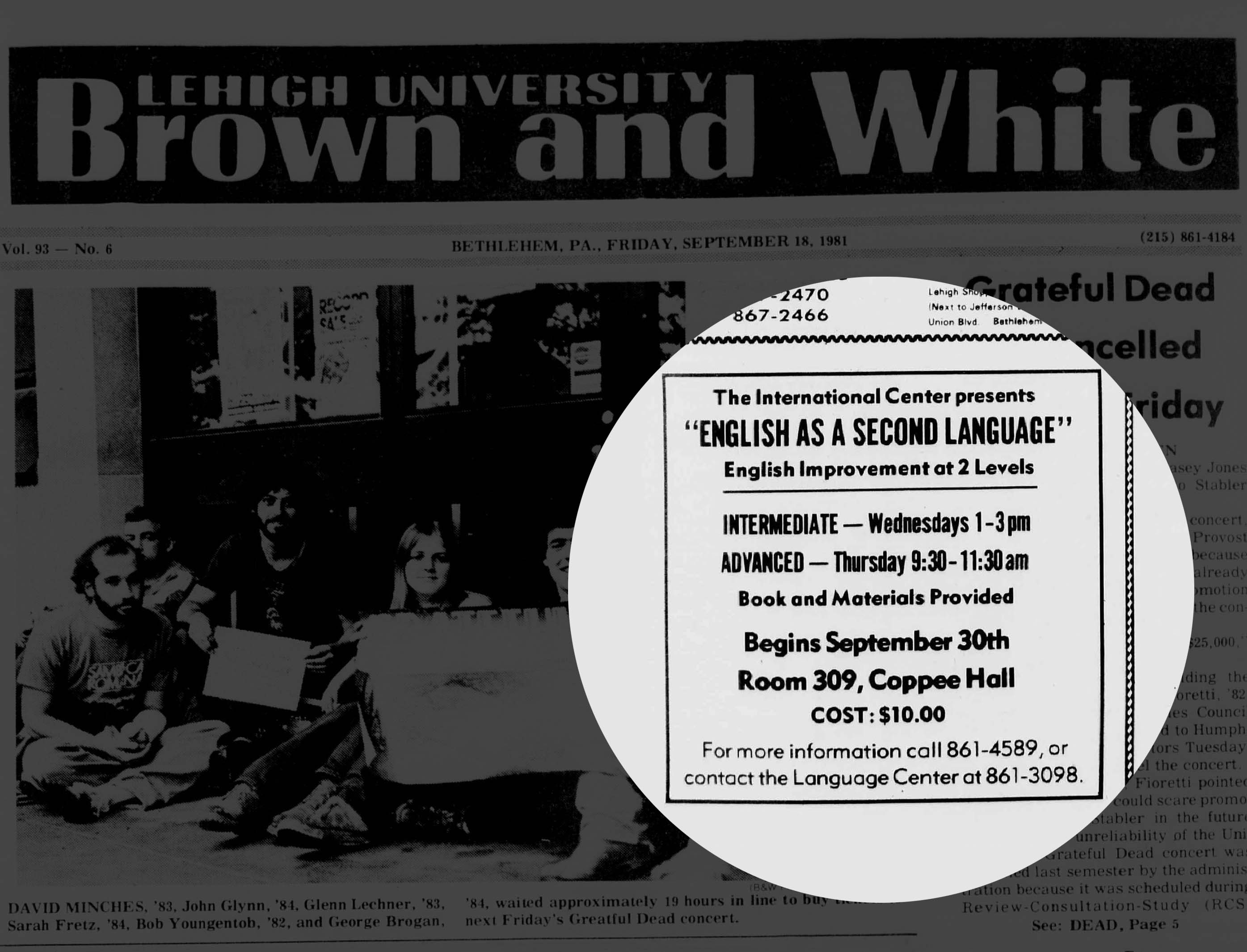 An image of the Brown and White newspaper with an ESL ad highlighted
