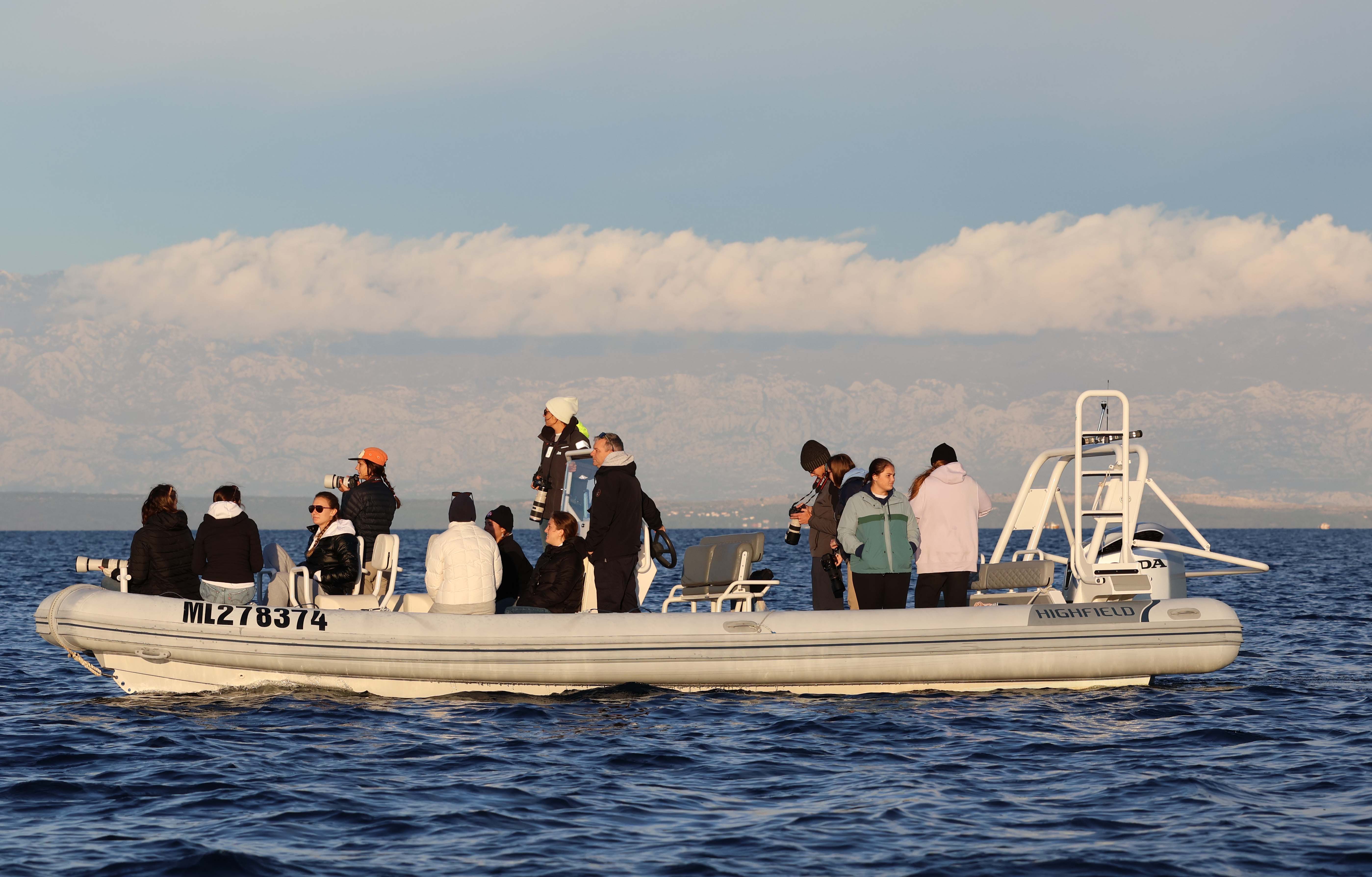 A group of people studying the ocean from a boat