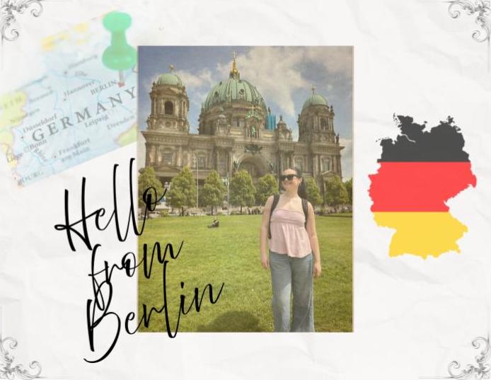A postcard image featuring a student in Germany