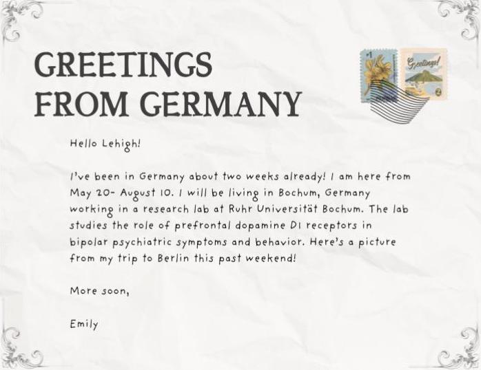 The back of a postcard image with a student's experiences in Germany
