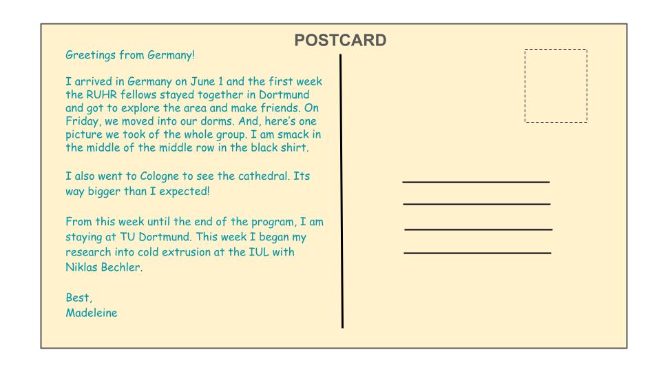 A postcard graphic with a message from a college student