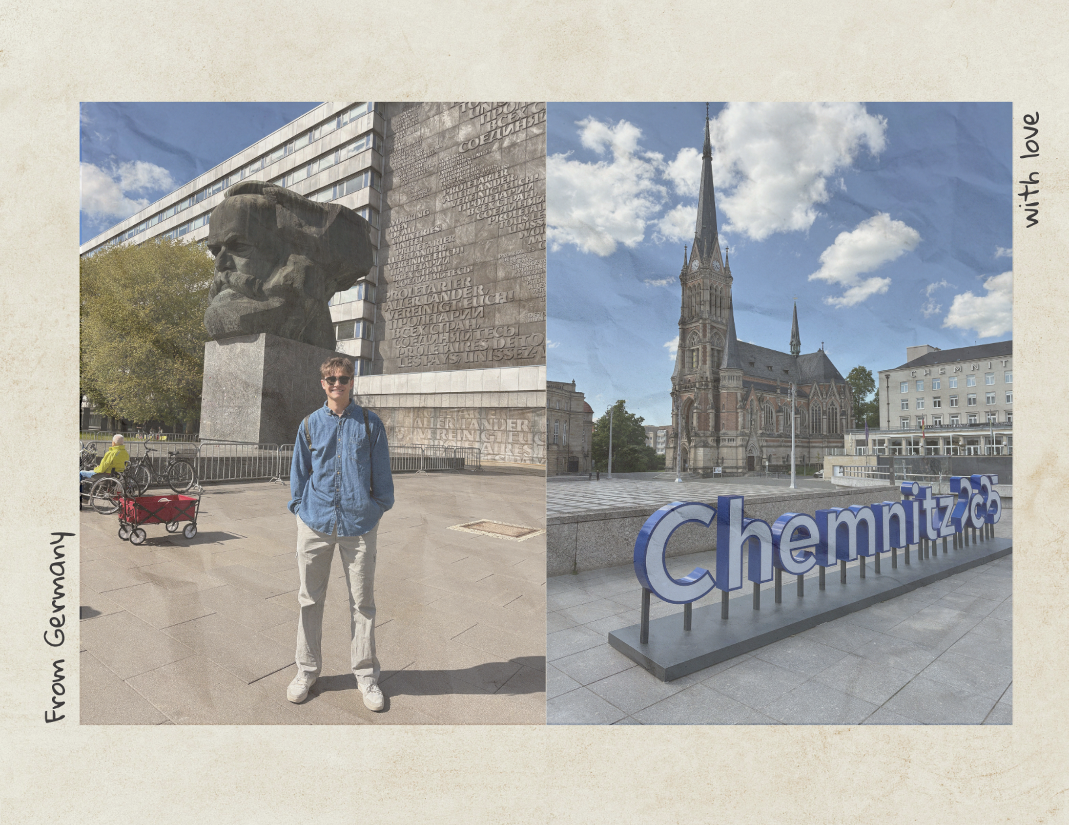A postcard image showing a young man in Chemnitz, Germany