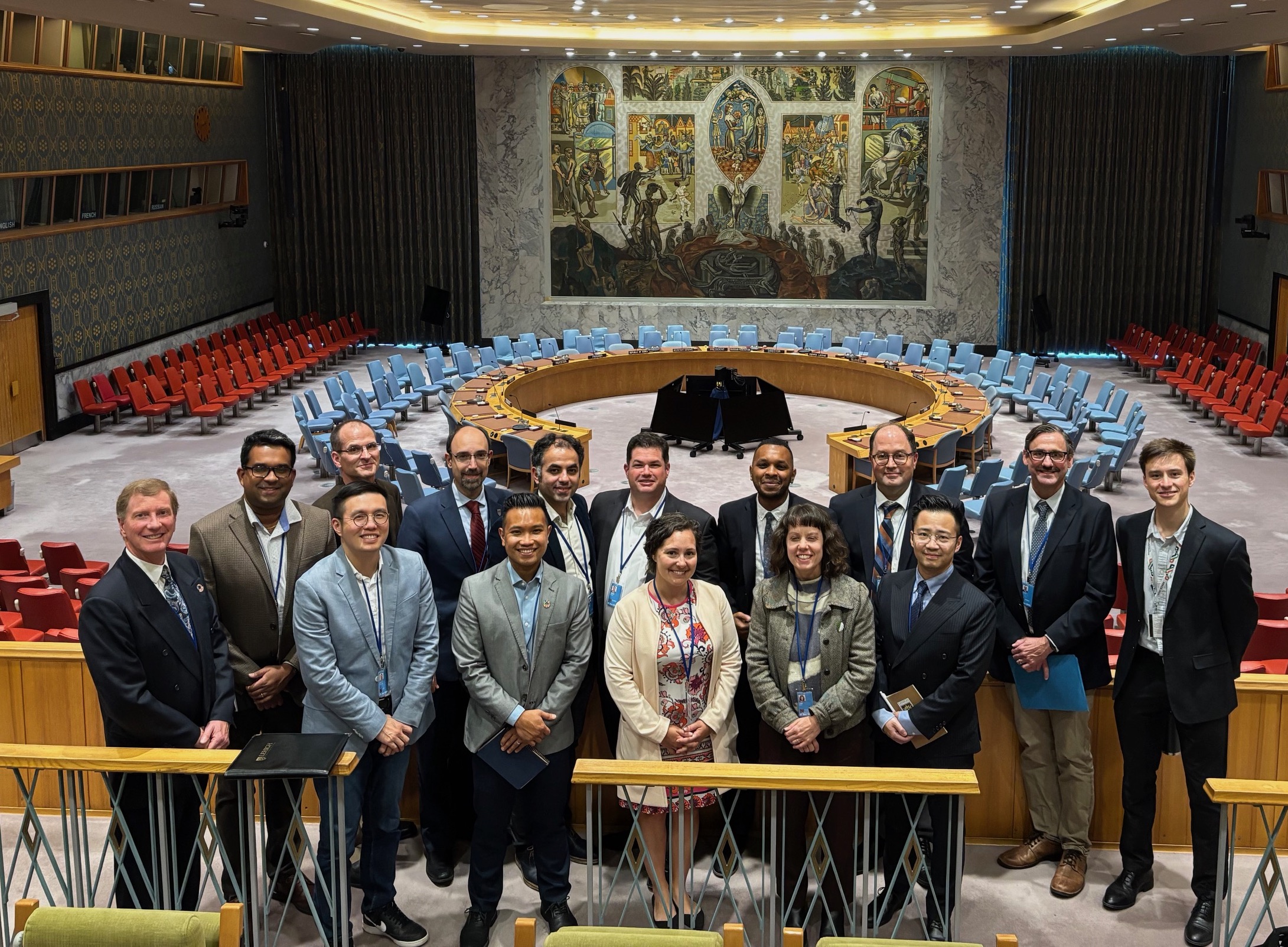 A group of people in the United Nations headquarters building in New York City
