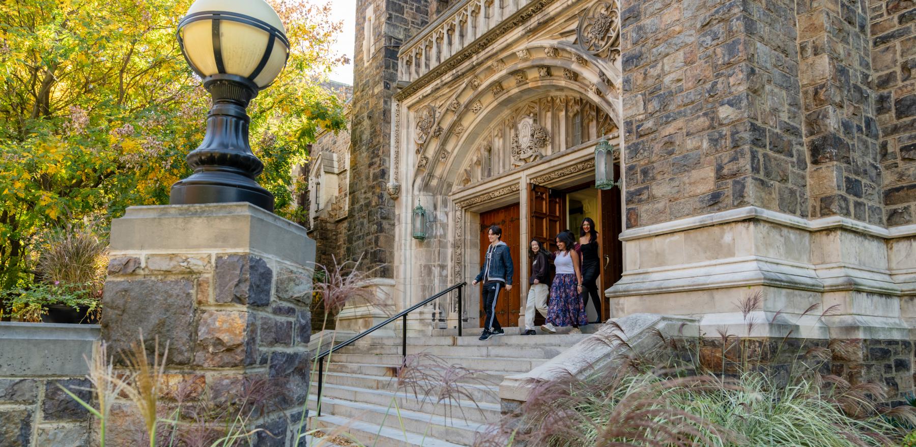 Students leaving a building at Lehigh University