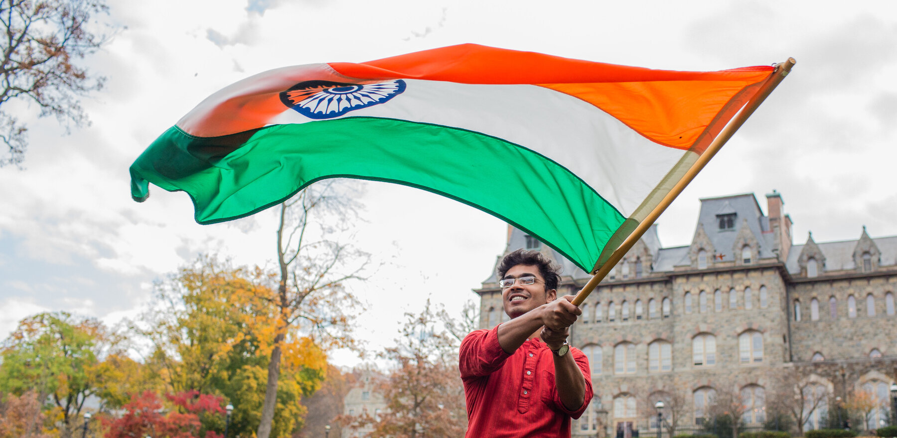 A student at Lehigh University waiving a flag of India