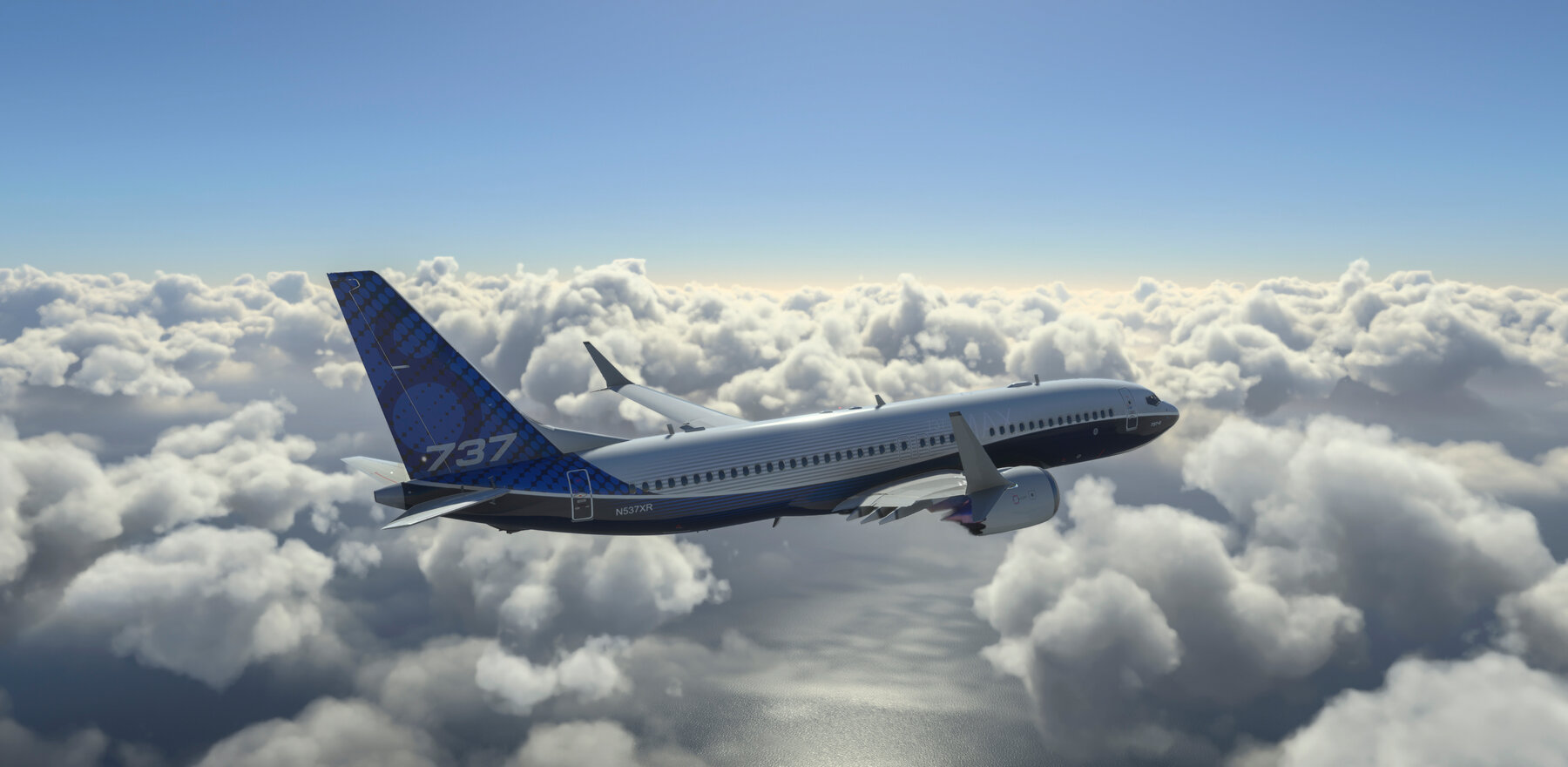 A Boeing 737 airplane flying above clouds