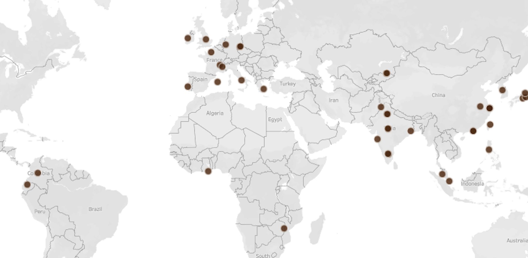 A world map with pinpoints in it