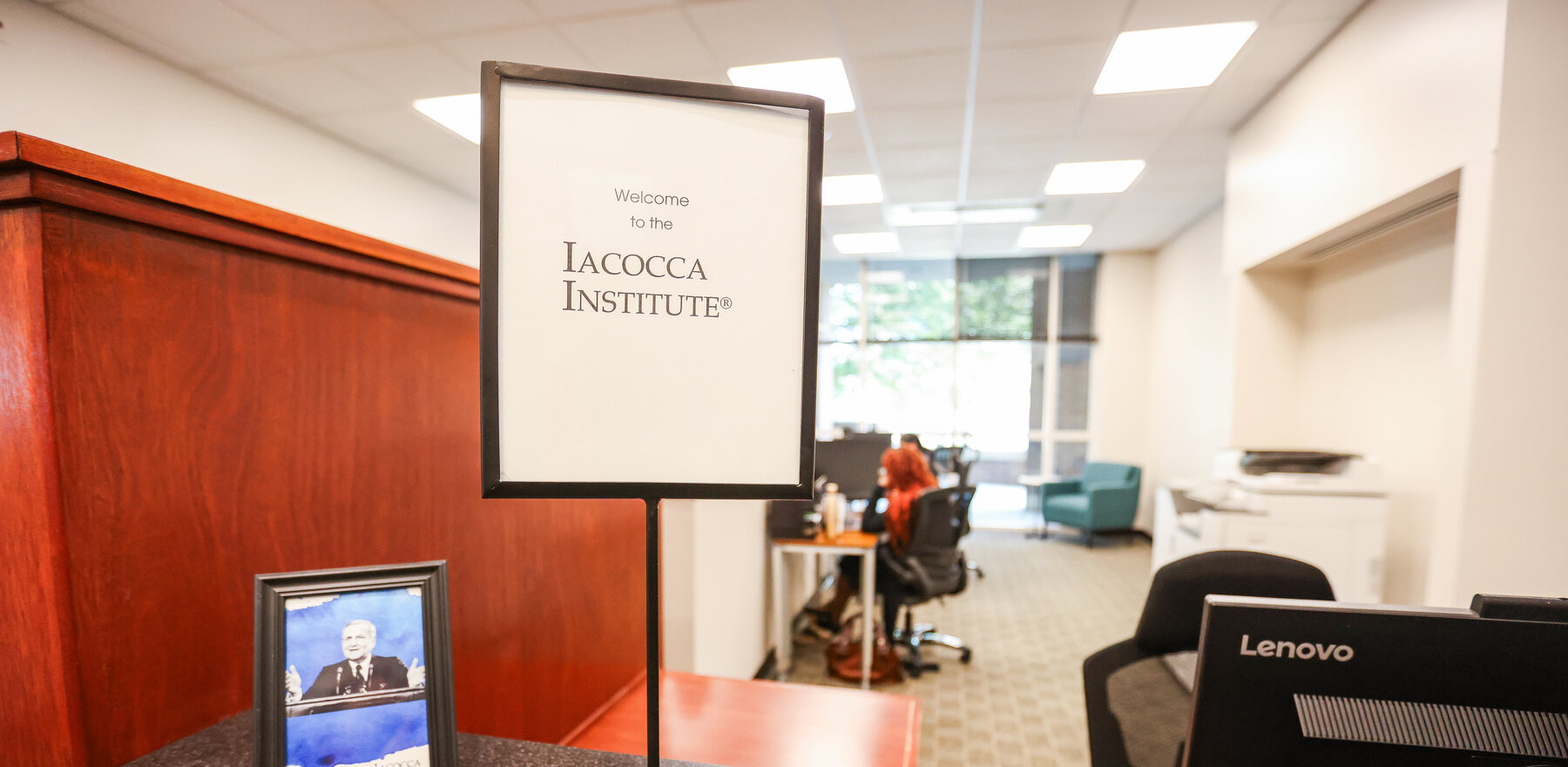 A sign in an office welcoming visitors to the Iacocca Institute
