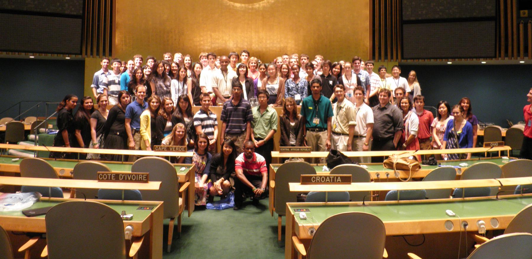 A large group of students at the United Nations headquarters in New York City