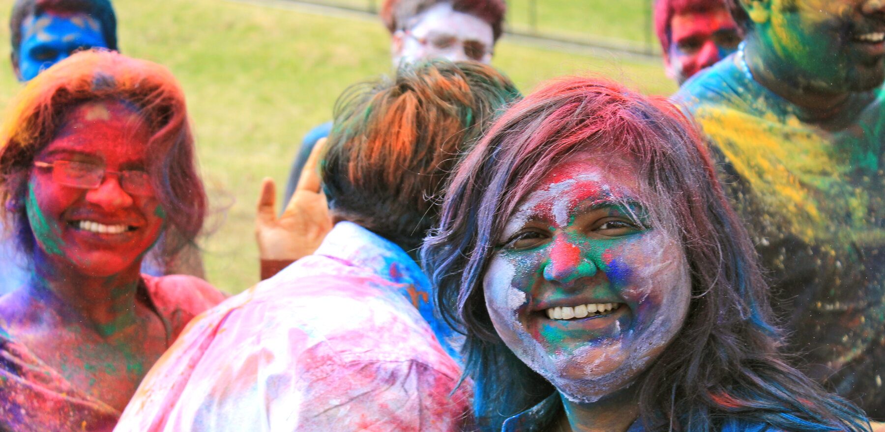 Lehigh University students with holi powder on them