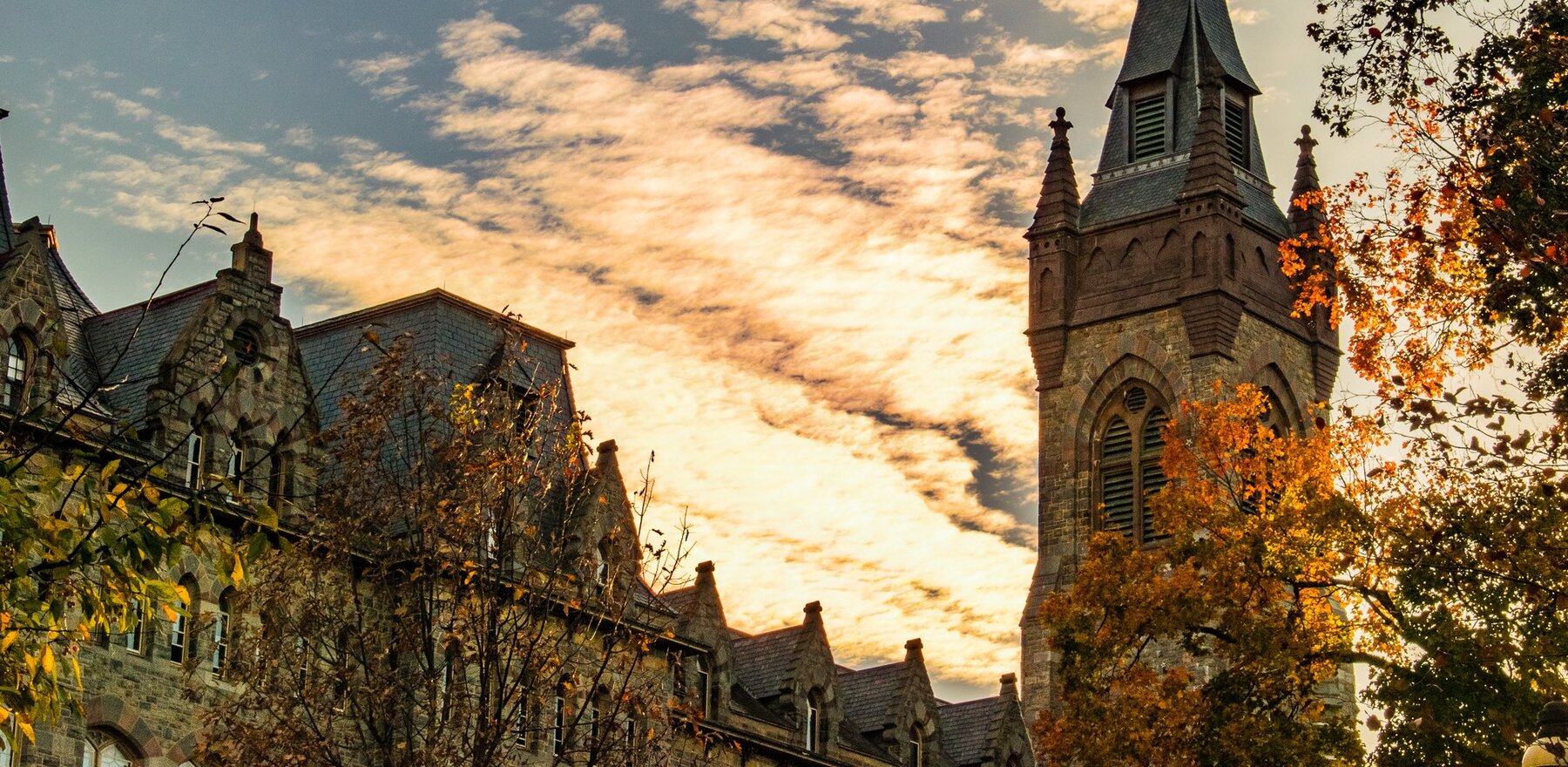 Lehigh University buildings with a sunset background