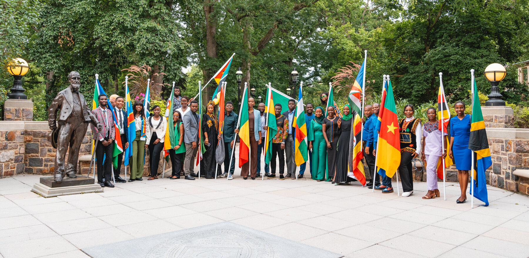 The Mandela Washington Fellows at Lehigh University, holding various flags