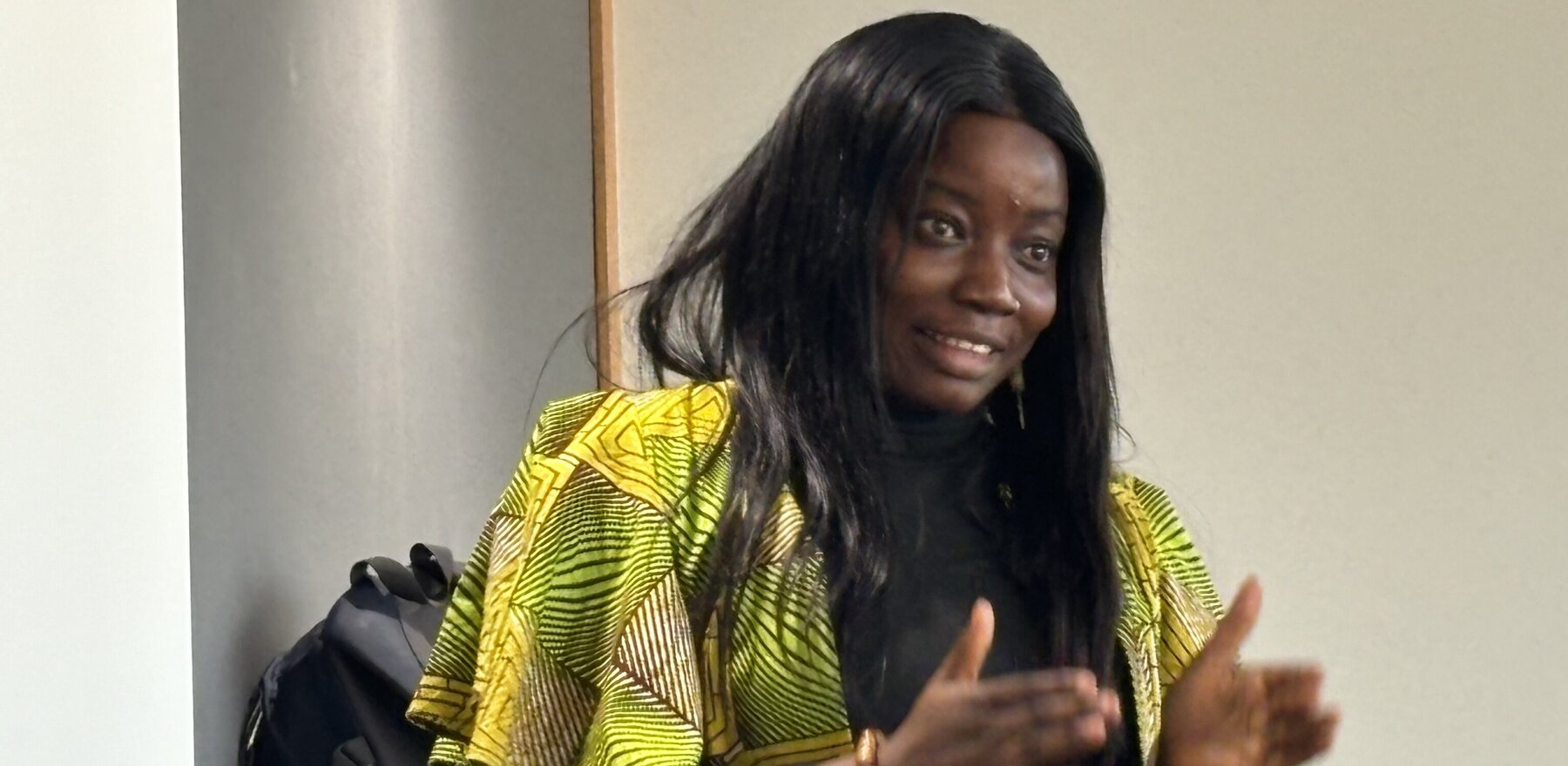 A close-up of Sandra Boakye speaking in a lecture hall