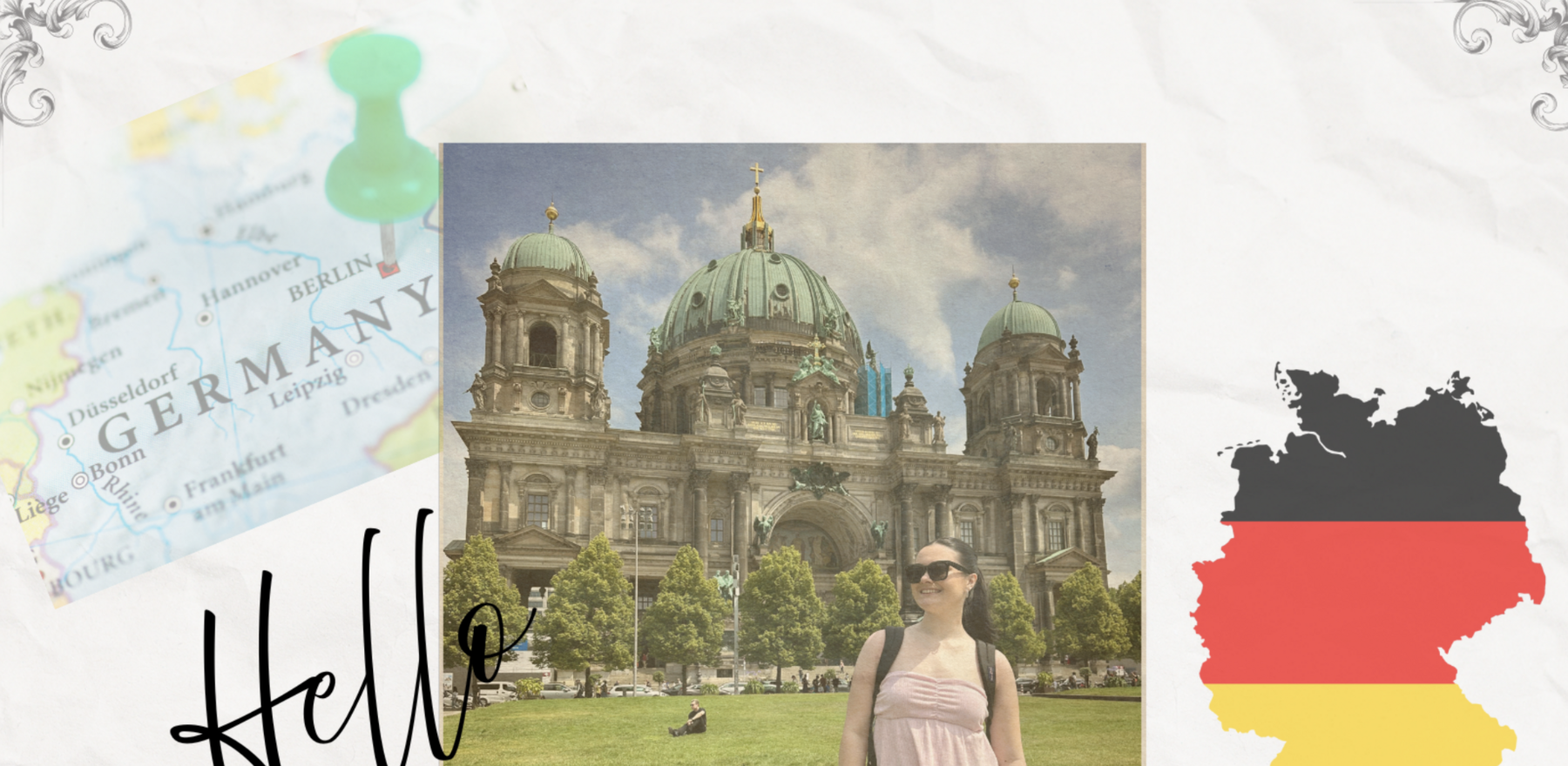 An image of a postcard graphic featuring a young woman in Germant