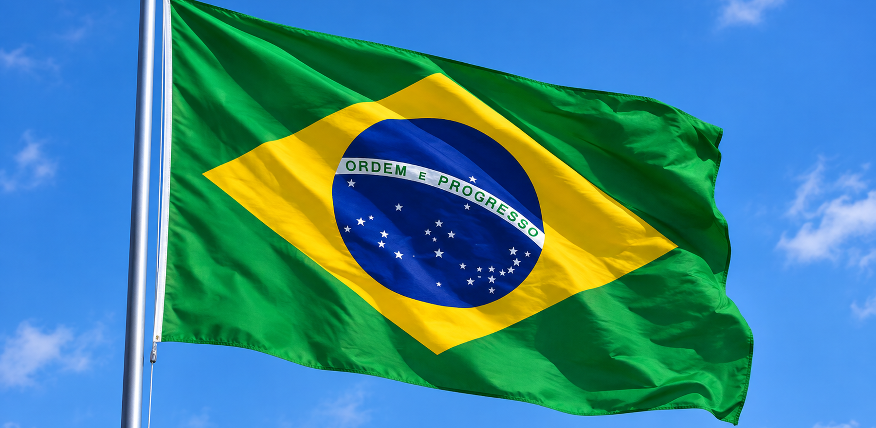 Flag of Brazil with blue sky background