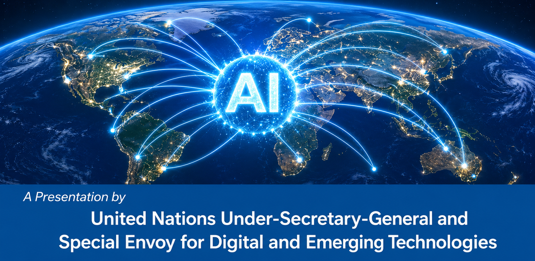 Flyer for the event, showing the world connected by AI with name of event at the bottom