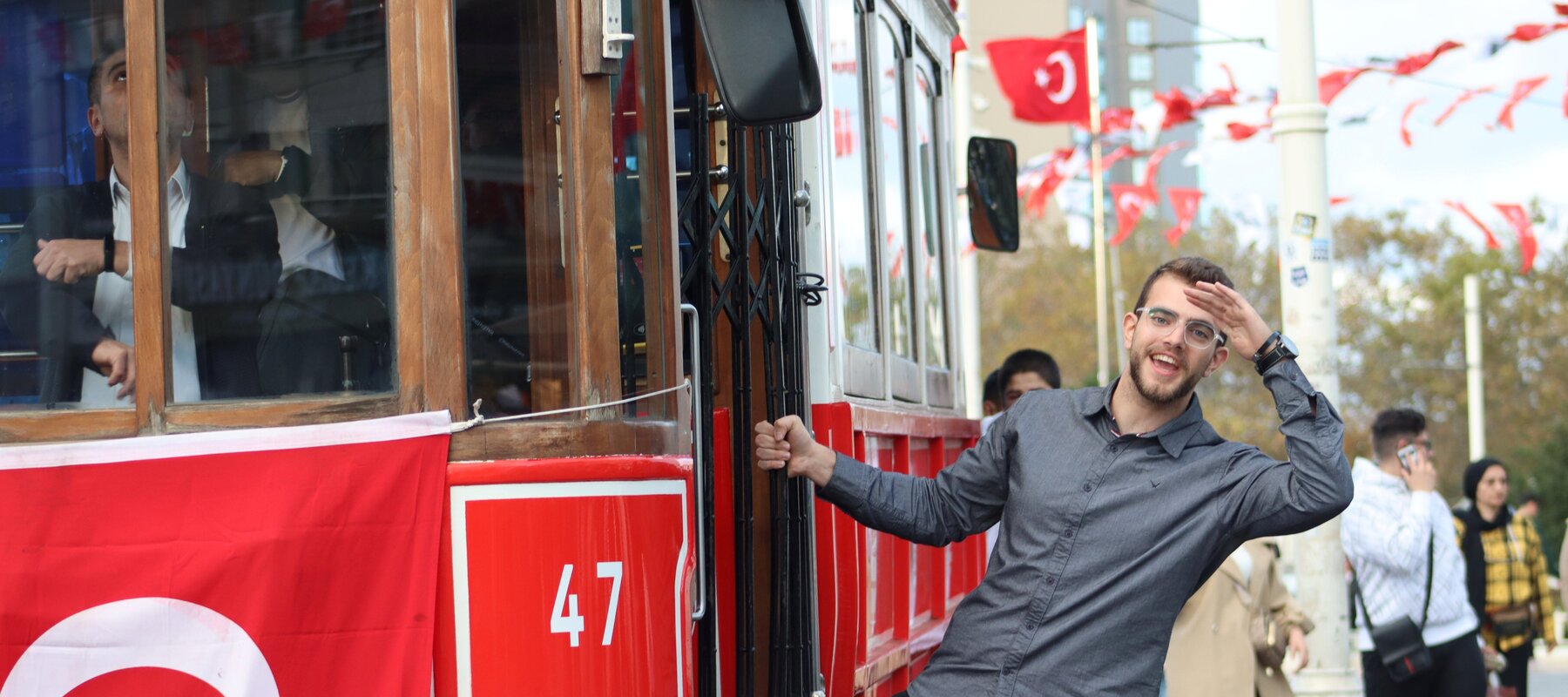 person on tram car in Istanbul