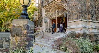 Students leaving a building at Lehigh University