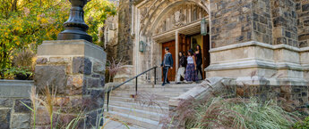 Students leaving a building at Lehigh University