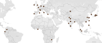 A world map with pinpoints in it