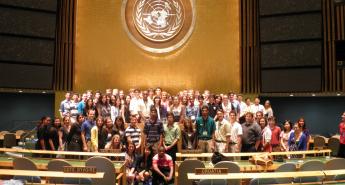 A large group of students at the United Nations headquarters in New York City