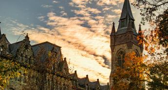 Lehigh University buildings with a sunset background