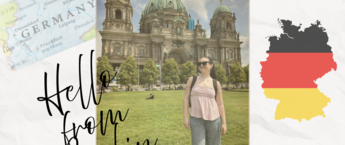 An image of a postcard graphic featuring a young woman in Germant