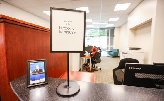 A sign in an office welcoming visitors to the Iacocca Institute