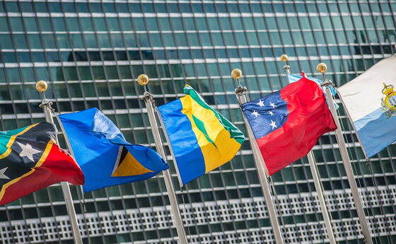 Several flags outside the United Nations headquarters building