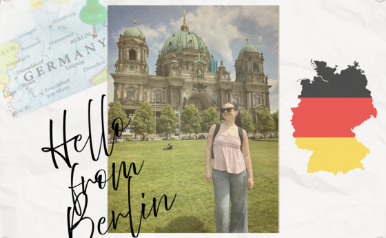 An image of a postcard graphic featuring a young woman in Germant