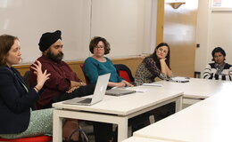 Jenna Lay (left), associate professor of English at Lehigh, discusses her research with colleagues at Ashoka University.